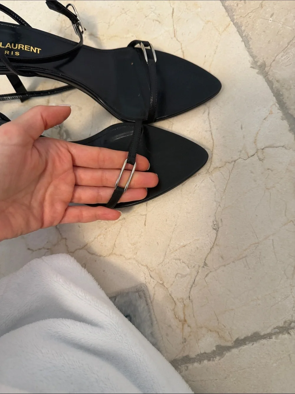 Saint Laurent Black Pointed Leather Ankle-Tie Heels - Picture 6 of 7